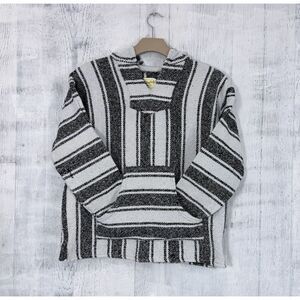 Iguana Jack Baja Hoodie Pullover Large Mexican Blanket Gray/White Surfer Hippie